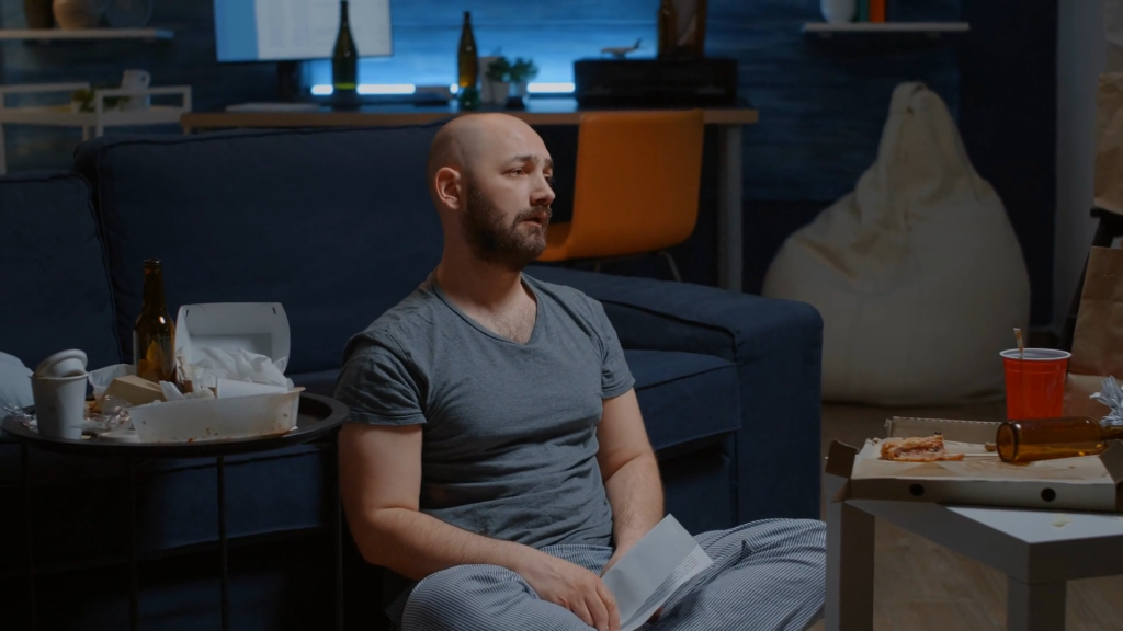 Man sits in his apartment upset and finally relieved at receiving his closure letter.